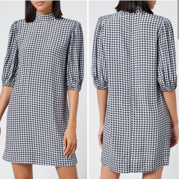 NWT GANNI gingham print high neck dress in Brunnera Blue - Picture 2 of 5